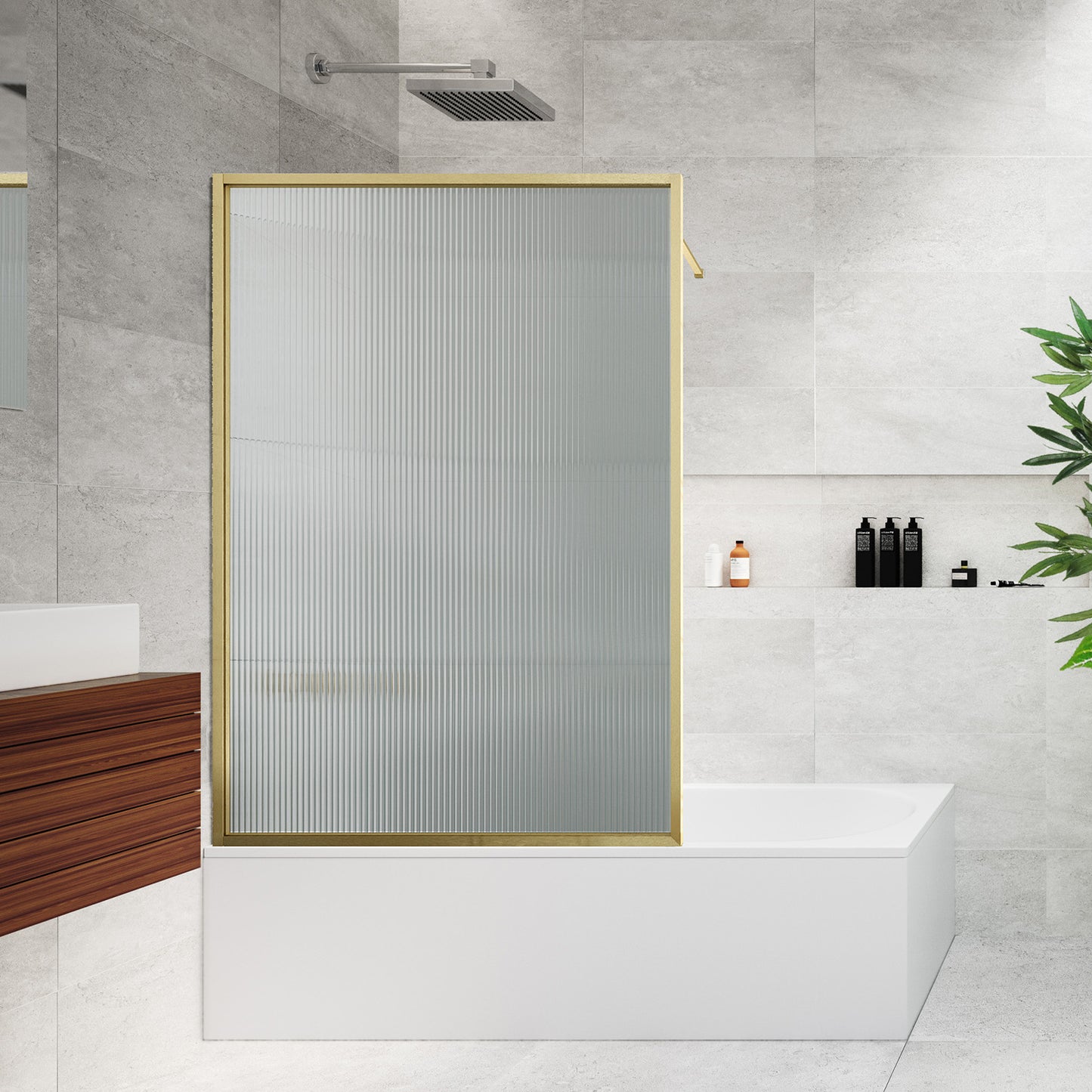 Velar Fluted Bathscreen 800 Brush Brass